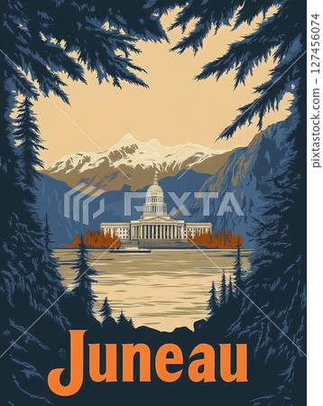 A stunning view of Juneau, showcasing the historic capitol building surrounded by snow-capped mountains and dense green forests, creating a picturesque landscape at sunset. 127456074
