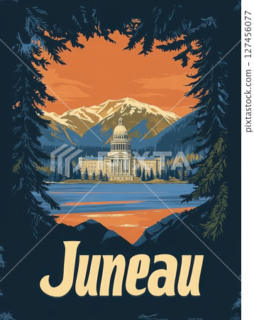 A tranquil view captures Juneaus capital building surrounded by trees and mountains, bathed in the warm glow of a sunset sky. The reflection on the water adds serenity to the scene. A tranquil view captures Juneaus capital building surrounded by trees and mountains, bathed in the warm glow of a sunset sky. The reflection on the water adds serenity to the scene. 127456077