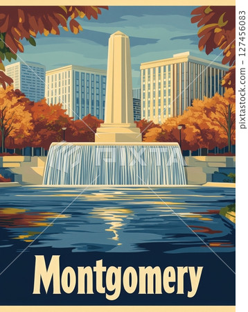 A beautiful monument stands in Montgomery, framed by vibrant autumn leaves. The fountain cascades into a serene water body, reflecting the surrounding city buildings, showcasing nature and urban life. 127456083