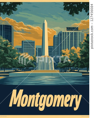 The vibrant skyline of Montgomery showcases a prominent fountain surrounded by lush trees. Sunset colors illuminate the scene, highlighting nearby buildings and creating a serene atmosphere. 127456084