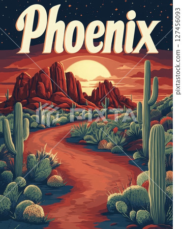 The warm colors of sunset illuminate a winding path through a desert scene in Phoenix. Cacti and mountain formations create a serene yet captivating atmosphere as night approaches. 127456093