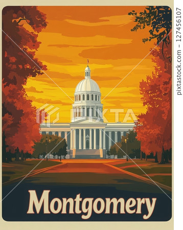 A beautiful view of Montgomerys historic dome building illuminated by a golden sunset, surrounded by vivid autumn foliage. The scene captures a clear evening atmosphere evocative of the season. 127456107