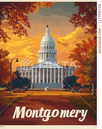 Capitol building of Montgomery stands prominently against a golden sunset, framed by vibrant autumn leaves. Classic cars are parked in view, enhancing the nostalgic atmosphere of the scene. 127456108