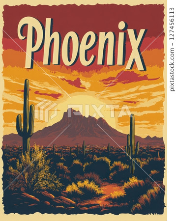 The sun sets behind the mountains in Phoenix, casting warm orange and yellow hues across the sky. Tall cacti dot the landscape, adding to the desert beauty of this stunning scene. 127456113
