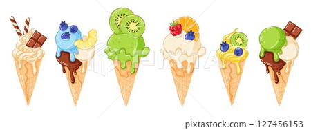 Set ice cream cone with juicy slice of orange, blueberry, raspberry, wafer stick, chocolate bar and pineapple on top in cartoon style. Summer food package and menu cafe design. 127456153