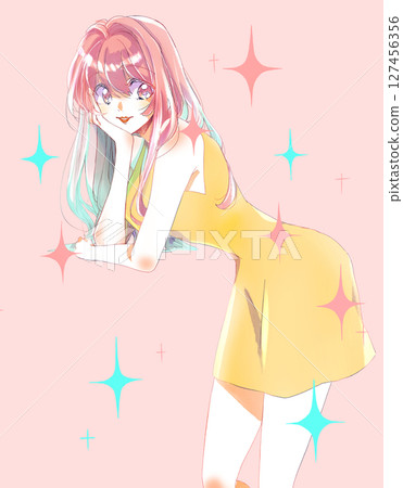 性感的女人用手托著下巴，微笑著，閃閃發光 127456356