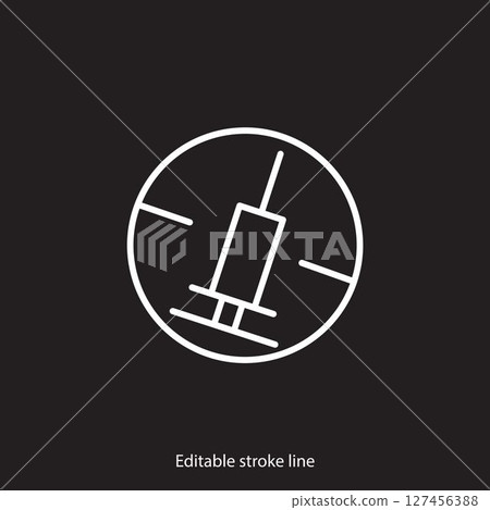 No syringe, hormones, antibiotic, drugs icon. No injection symbol. Vector stock illustration isolated on black background for design template medical, pharmacy, hospital. Editable stroke line No syringe, hormones, antibiotic, drugs icon. No injection symbol. Vector stock illustration isolated on black background for design template medical, pharmacy, hospital. Editable stroke line 127456388