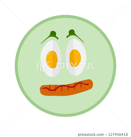 Pieces of boiled egg and sausage on a plate Funny Food emoticon Motivation Themes Cards design idea 127456418