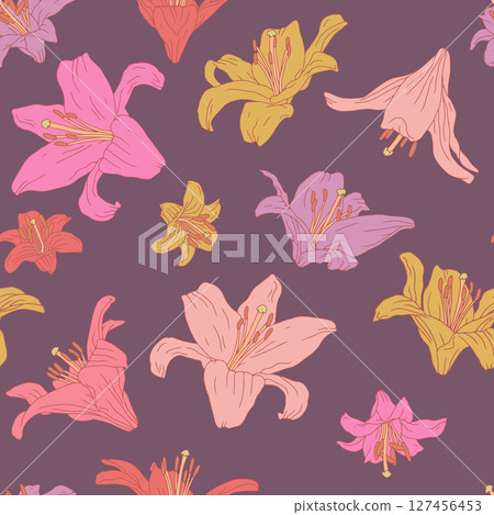 Vintage seamless pattern with hand drawn lily flowers on dark purple background. Boho floral repeat wallpaper 127456453