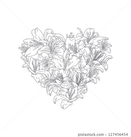 Hand drawn line art heart composition filled with retro palette lily flowers isolated on white Hand drawn line art heart composition filled with retro palette lily flowers isolated on white 127456454