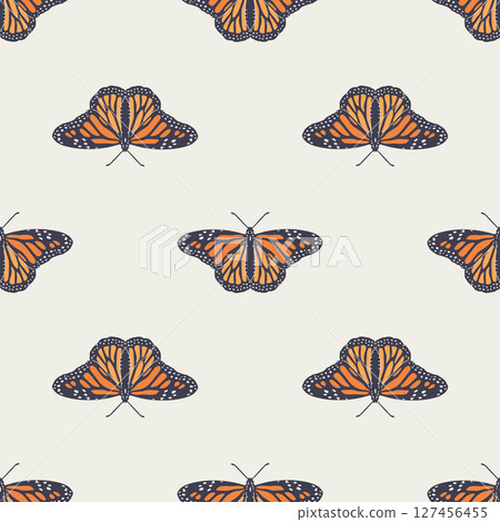 Vintage seamless pattern with hand drawn orange monarch butterflies on beige background Vintage seamless pattern with hand drawn orange monarch butterflies on beige background 127456455