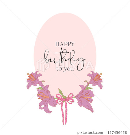 Hand drawn black and white line art lily flowers wreath with text Happy Birthday to You Hand drawn black and white line art lily flowers wreath with text Happy Birthday to You 127456458