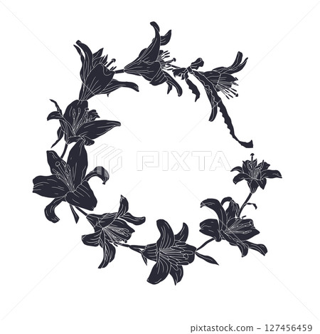 Hand drawn black silhouette of lily flowers wreath. Vintage monochrome card template with cute floral frame Hand drawn black silhouette of lily flowers wreath. Vintage monochrome card template with cute floral frame 127456459