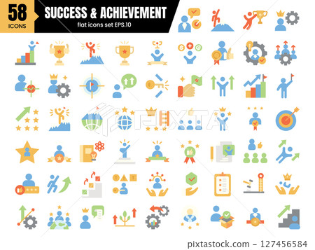 Success and achievement flat icons set.Containing achievement, successful, strategy, winner, teamwork, goal, brainstorm. 127456584