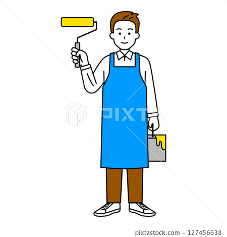 一名穿著圍裙、手持油漆滾筒的男子（全身） 127456638