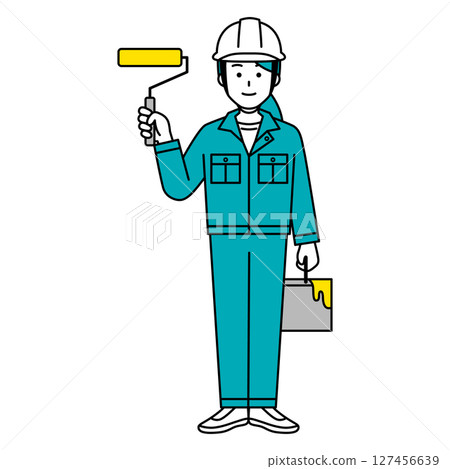 Female worker holding a paint roller (full body) 127456639