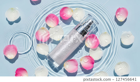 玫瑰和精華液瓶漂浮在水中的清新美妝圖像（AI 生成的圖像） 127456641