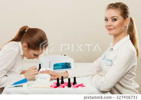 Beautician with client at beauty salon. 127456731