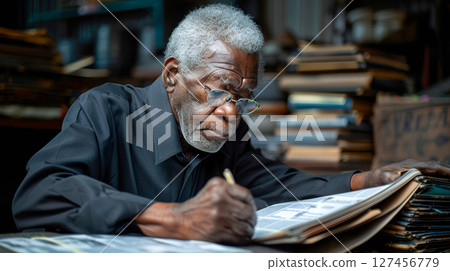 Elderly African American man studying documents with focused expression in a cozy workspace 127456779