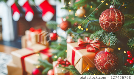 Christmas tree adorned with ornaments and gifts creating a festive holiday atmosphere 127456798