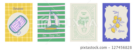 Slow life Italia Amalfi Summer posters set. Vector illustration italian lemon tree, sardines, yacht and geometric minimalistic backgrounds, contemporary Summer vintage design. Slow life Italia Amalfi Summer posters set. Vector illustration italian lemon tree, sardines, yacht and geometric minimalistic backgrounds, contemporary Summer vintage design. 127456828