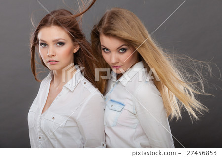 Two beautiful women, blonde and brunette posing 127456853