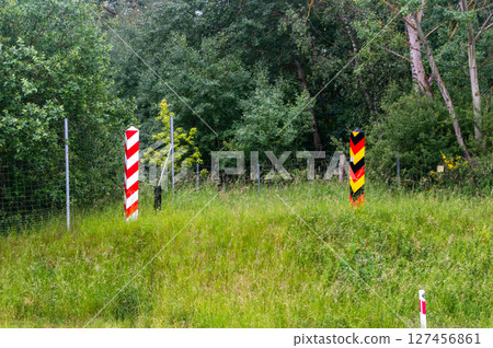 Border posts of German and Poland. Polish - German border. Border posts of German and Poland. Polish - German border. 127456861