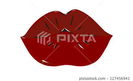 Juicy red lips with gloss, burgundy kiss in cartoon style on white background, female lips with highlights, love stickers for daily planner and diary, love concept, design elements for Valentines Day 127456941