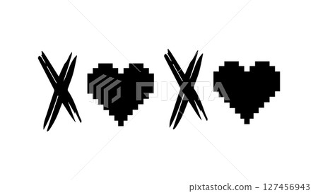 Hugs and kisses abbreviation drawn in ink, cross and zero, black pixel XO XO Doodle, set of hand drawn charcoal XO XO, phrases Xo Xo for Valentine's Day, love concept, Valentine's Day celebration card 127456943