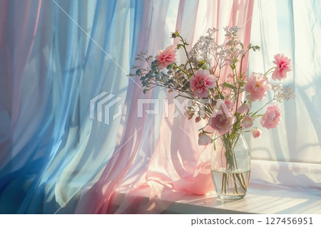 Pastel Pink and Blue Floral Arrangement with Soft Light for Vintage Aesthetic 127456951