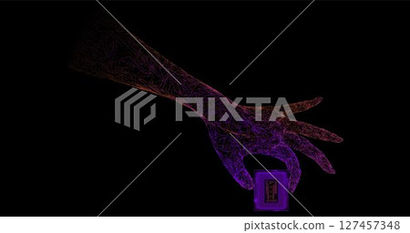 Hand holding geometric figure, microprocessor, made of neon lines on black background. Communication, help, teamwork. Abstract vector illustration. Hand holding geometric figure, microprocessor, made of neon lines on black background. Communication, help, teamwork. Abstract vector illustration. 127457348