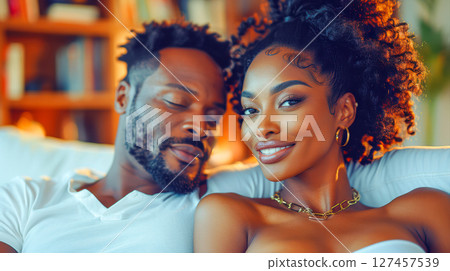 Couple enjoying intimate moment together on cozy couch in warm, inviting living room atmosphere Couple enjoying intimate moment together on cozy couch in warm, inviting living room atmosphere 127457539