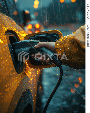 A hand plugs an electric car into a charger during a rainy night, with city lights blurred in the background. 127457613