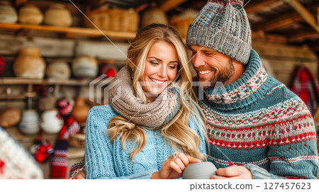 Happy couple enjoying pottery in cozy winter sweaters with rustic decor in background 127457623