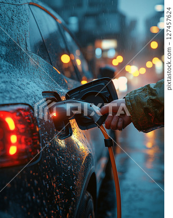 A hand plugs an electric car into a charger during a rainy night, with city lights blurred in the background. 127457624