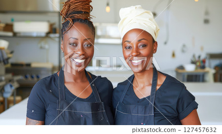 Two smiling African American women chefs in a modern kitchen with bright ambiance and equipment 127457632