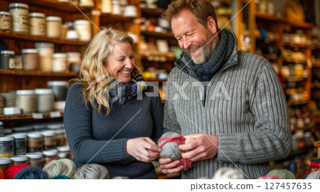 Smiling couple selecting yarn in cozy craft store with colorful supplies in background 127457635