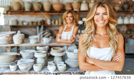 Two women potters smiling in a workshop surrounded by handmade pottery and tools Two women potters smiling in a workshop surrounded by handmade pottery and tools 127457636