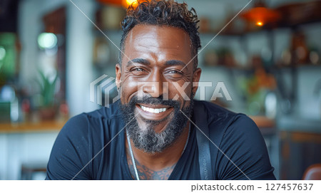 Smiling african american man with beard in casual attire enjoying a relaxed moment indoors 127457637