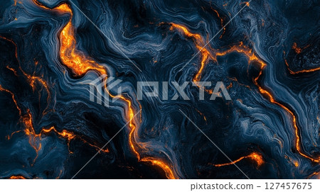 An abstract image featuring swirling patterns of dark blue and vibrant orange, resembling liquid or smoke. 127457675