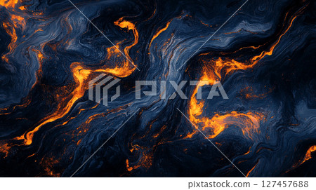 An abstract image featuring swirling patterns of dark blue and vibrant orange, resembling liquid or smoke. 127457688