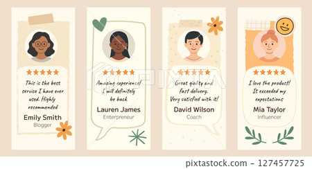 Cartoon testimonial template set with avatar frames five stars ratings and quote texts flat vector illustration Cartoon testimonial template set with avatar frames five stars ratings and quote texts flat vector illustration 127457725