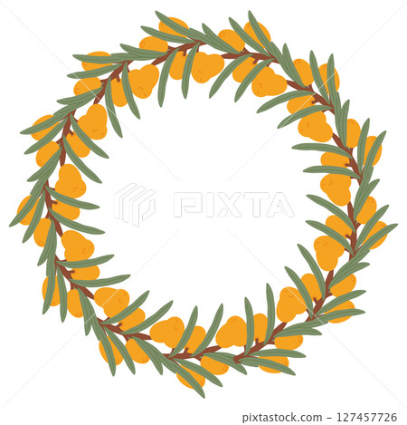 Hand-Drawn Sea Buckthorn Wreath with Orange Berries and Green Leaves in a Botanical Decorative Design. Hand-Drawn Sea Buckthorn Wreath with Orange Berries and Green Leaves in a Botanical Decorative Design. 127457726