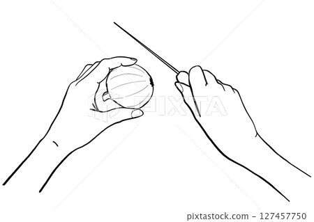 Human Hands Cutting Onion with Knife. Cooking Vector Line Illustration Human Hands Cutting Onion with Knife. Cooking Vector Line Illustration 127457750