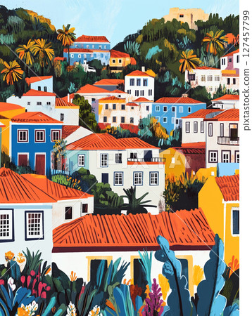 A vibrant, stylized painting of a hillside town with multi-colored houses, red-tiled roofs, a winding cobblestone path, and lush foliage under a bright blue sky. 127457799