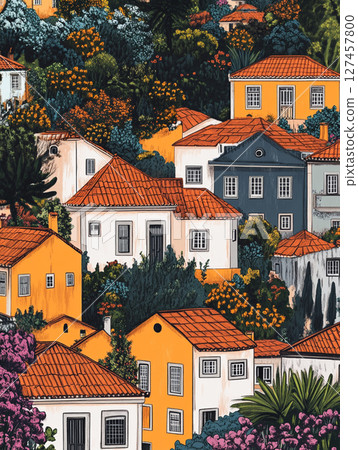 A vibrant, stylized painting of a hillside town with multi-colored houses, red-tiled roofs, a winding cobblestone path, and lush foliage under a bright blue sky. 127457800