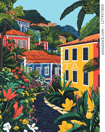 A vibrant, stylized painting of a hillside town with multi-colored houses, red-tiled roofs, a winding cobblestone path, and lush foliage under a bright blue sky. 127457809