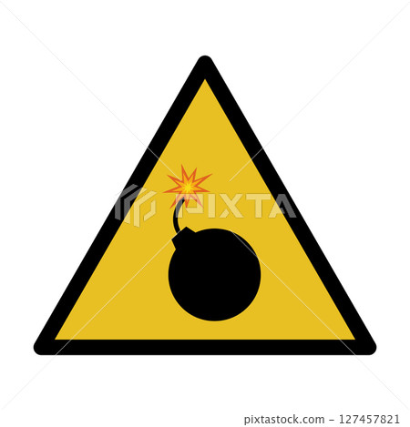 Explosive Hazard Warning Sign Icon Vector Illustration. A triangular warning sign featuring a black silhouette of a classic round bomb with a lit fuse and an explosion symbol. 127457821
