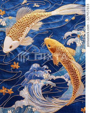 Koi fish with golden fins swim on a deep blue background with embossed waves and scattered gold leaves. Koi fish with golden fins swim on a deep blue background with embossed waves and scattered gold leaves. 127457853