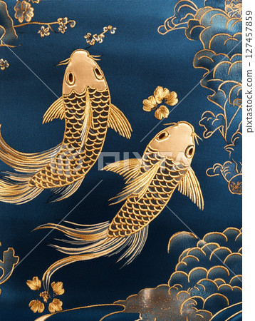 Koi fish with golden fins swim on a deep blue background with embossed waves and scattered gold leaves. 127457859